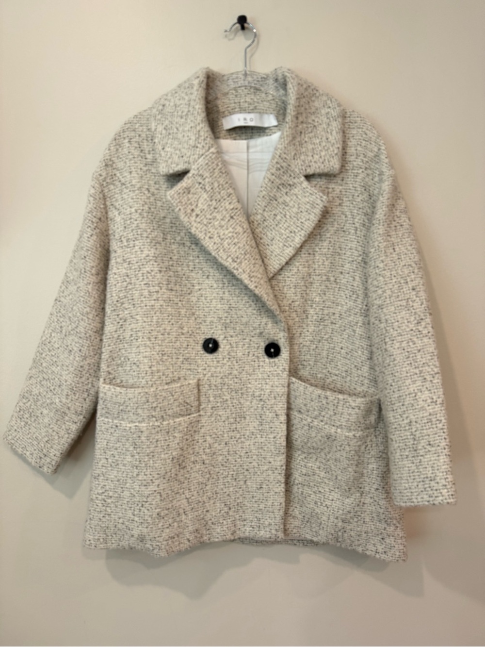 IRO Paris Double-Breasted Bouclé Tweed Coat Jacket - Cream/Grey - Size 36